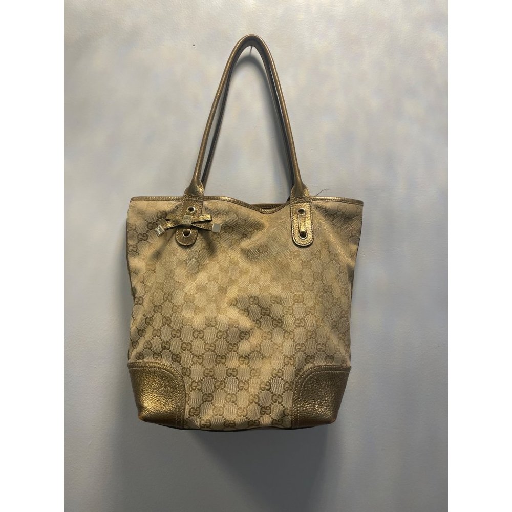 Authentic GUCCI Princy Shoulder Tote Bag GG Canvas Leather 181779 Beige‎ K0517